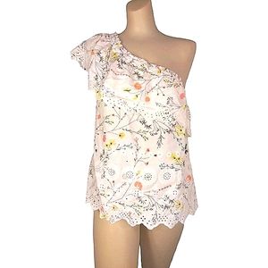 Ellor Lace ruffle trim one shoulder floral top